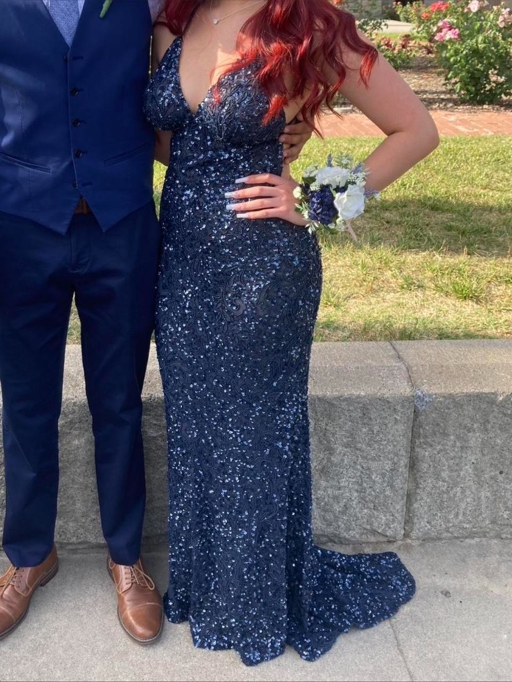 Navy Sequin V-Neck Evening Gown